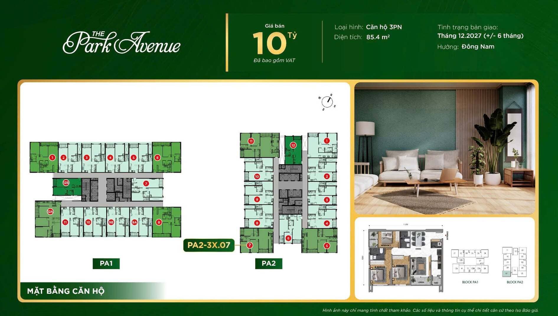 Giá bán 10 tỷ căn hộ 3PN diện tích 85,4m2 The Park Avenue