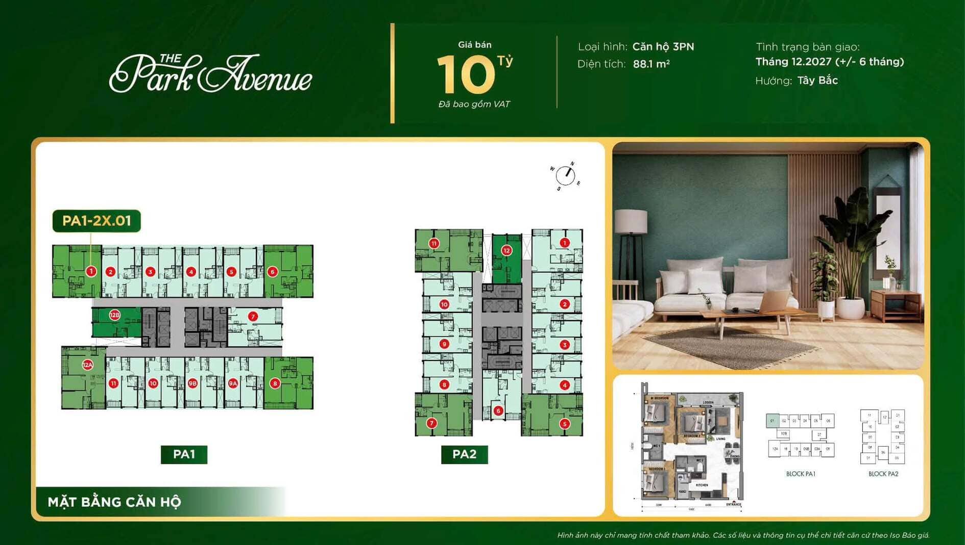 Giá bán 10 tỷ căn hộ 3PN diện tích 88,1m2 The Park Avenue