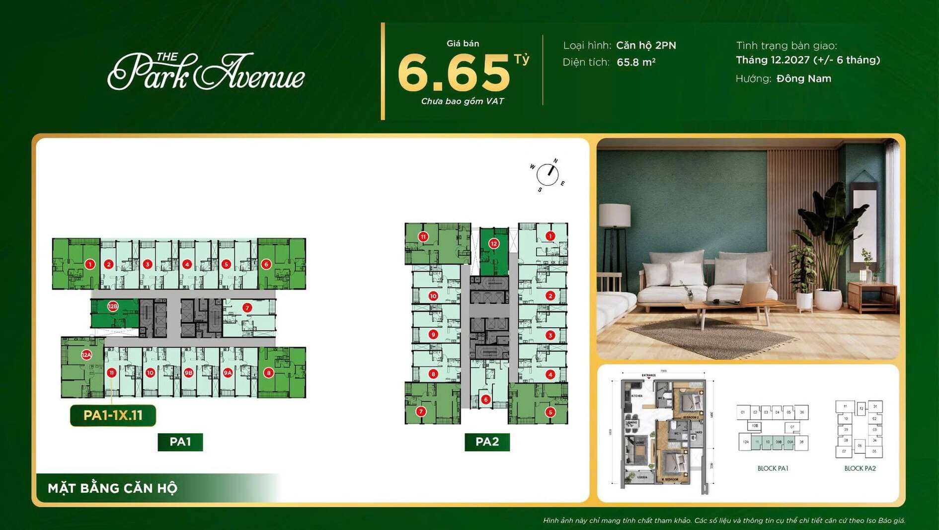 Giá bán 6,65 tỷ căn hộ 2PN diện tích 65.8m2 The Park Avenue