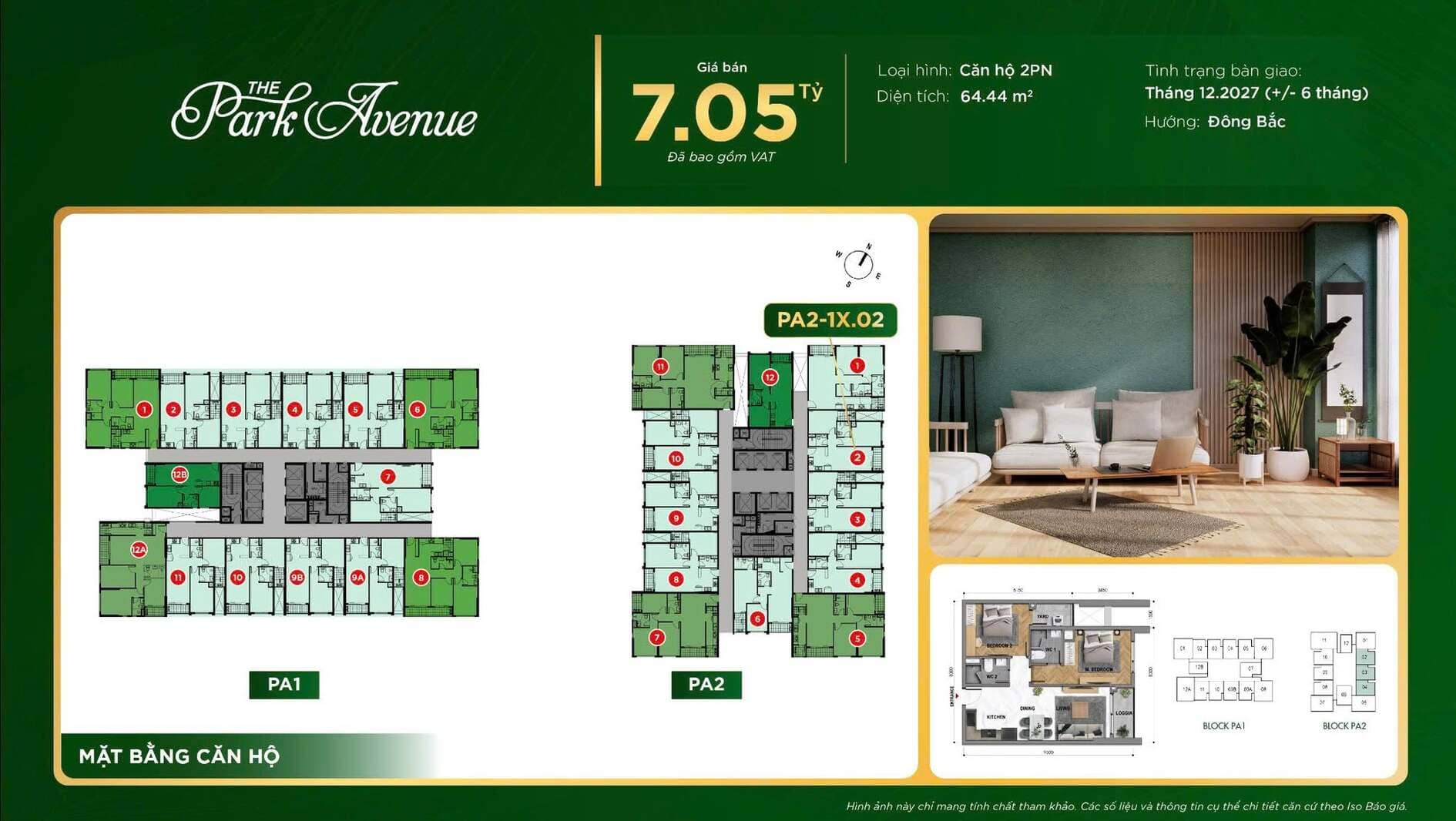 Giá bán 7,05 tỷ căn hộ 2PN diện tích 64.44m2 The Park Avenue