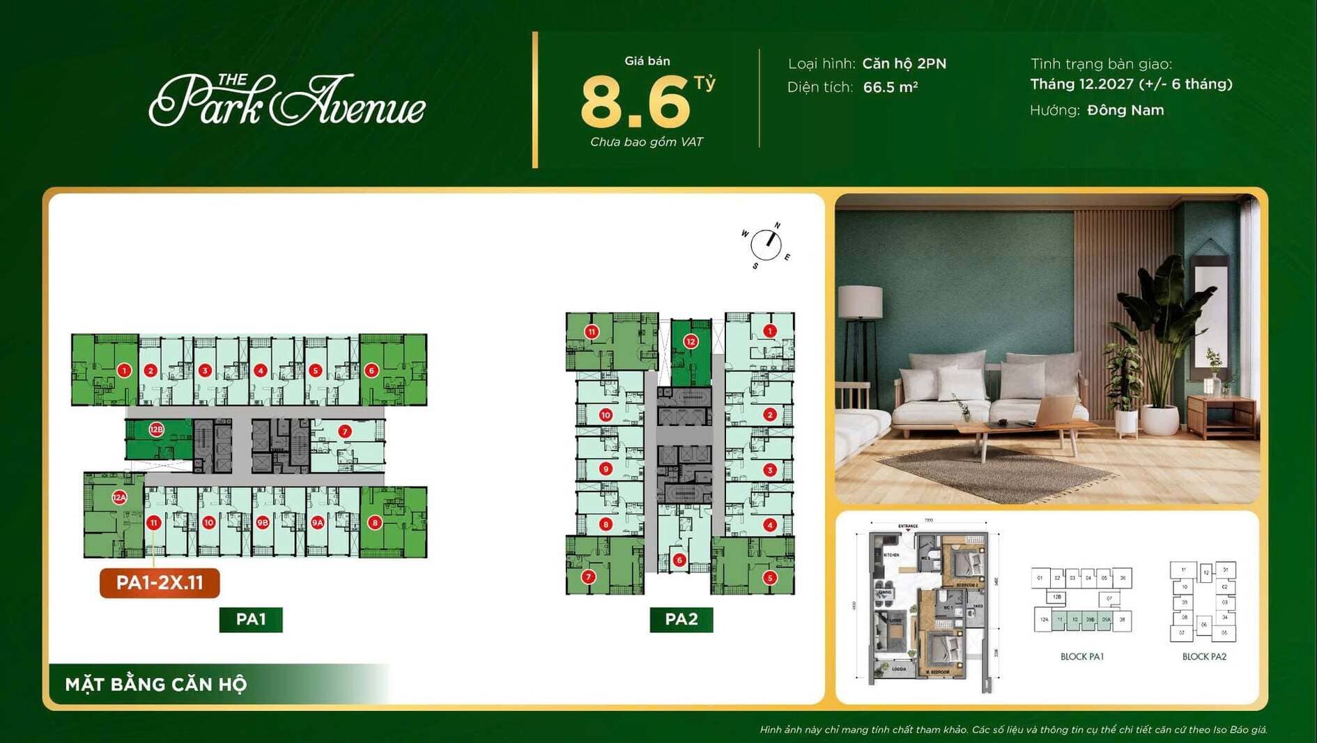 Giá bán 8,6 tỷ căn hộ 2PN diện tích 66.5m2 The Park Avenue