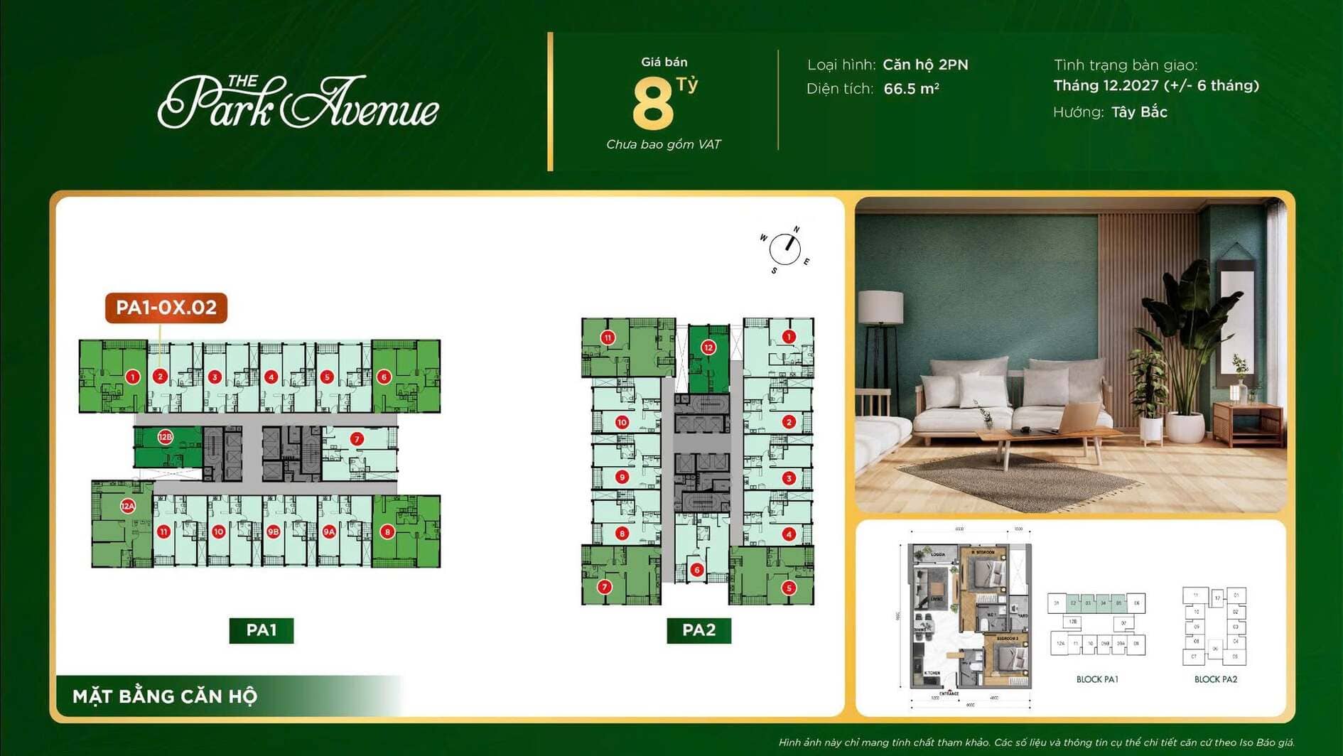 Giá bán 8 tỷ căn hộ 2PN diện tích 66.5m2 The Park Avenue