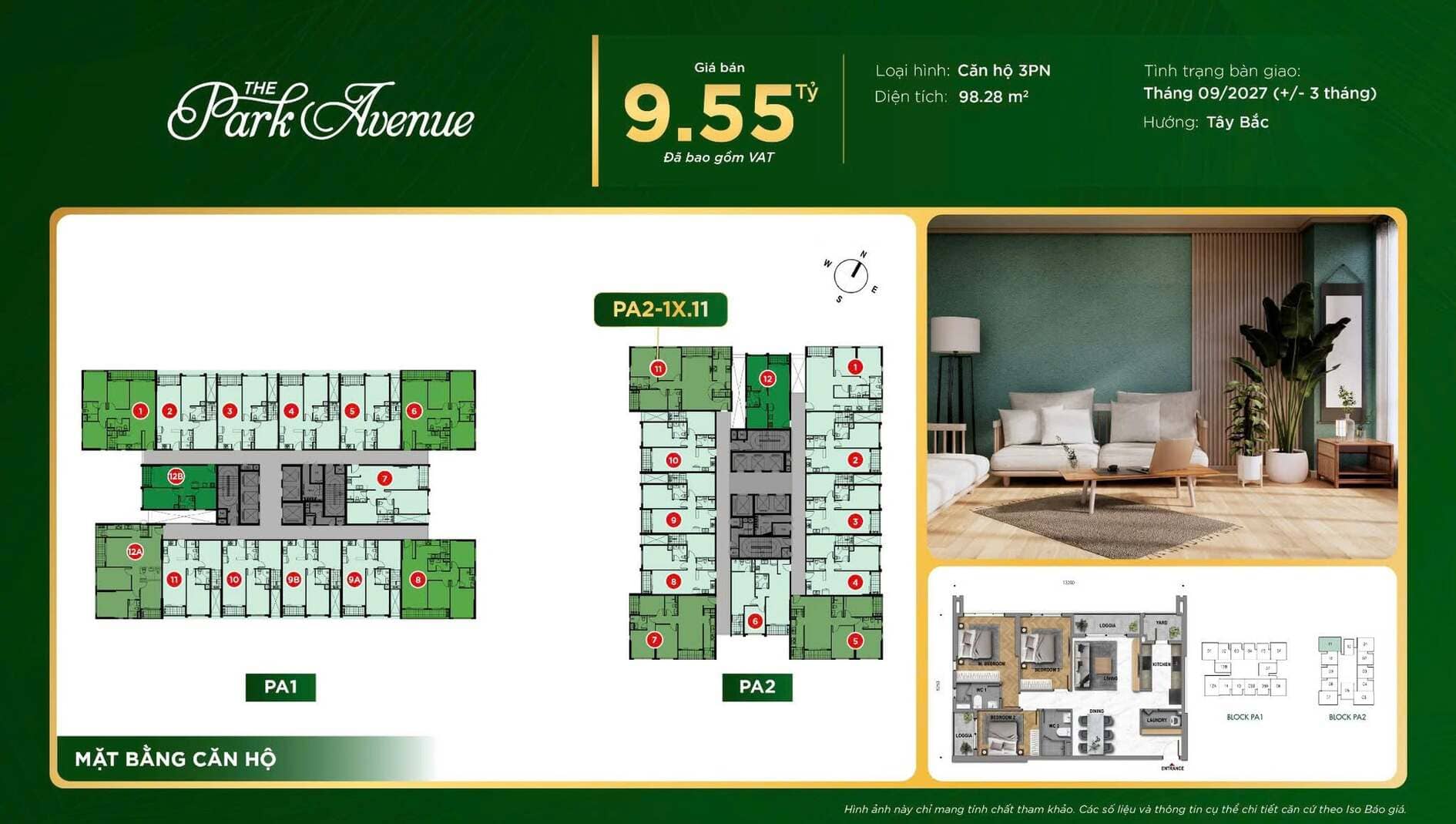 Giá bán 9,55 tỷ căn hộ 3PN diện tích 98,28m2 The Park Avenue