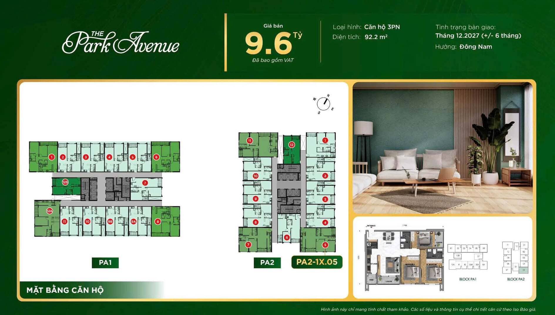 Giá bán 9,6 tỷ căn hộ 3PN diện tích 92,2m2 The Park Avenue