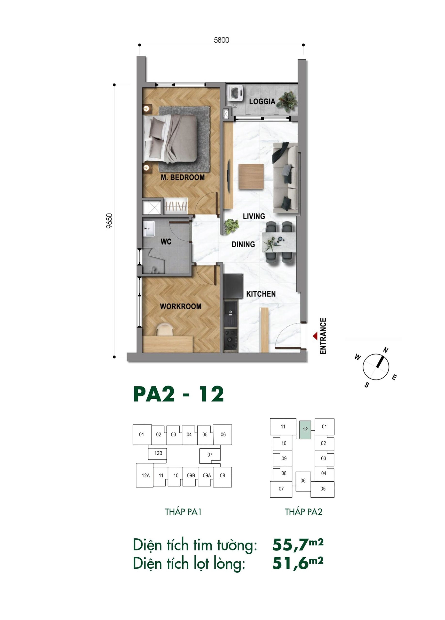 Sơ đồ mặt bằng chi tiết căn hộ 1 phòng ngủ mã căn PA2-12 dự án The Park Avenue