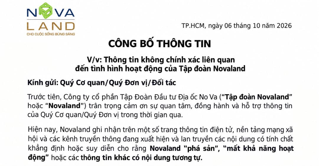 Thông cáo báo chí từ Novaland chính thức bác bỏ tin đồn tập đoàn phá sản